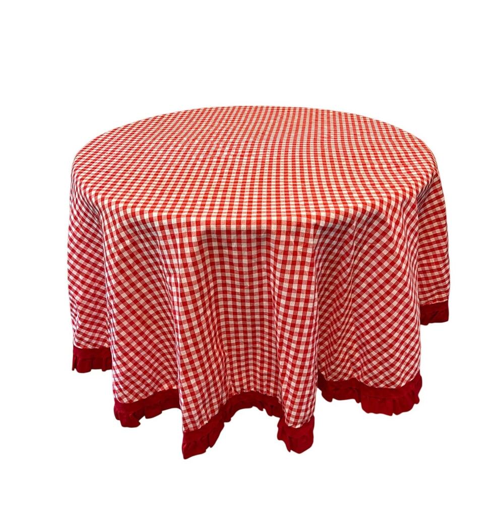 Vintage red white gingham checker tablecloth ruffle trim farmhouse picnic round